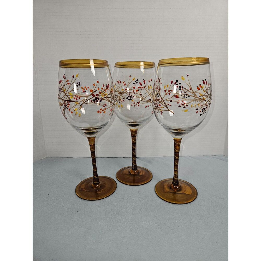 Pier 1 Hand Painted Wine Glasses Set Autumn Berry Gold Rim Amber Spiral 8.5"